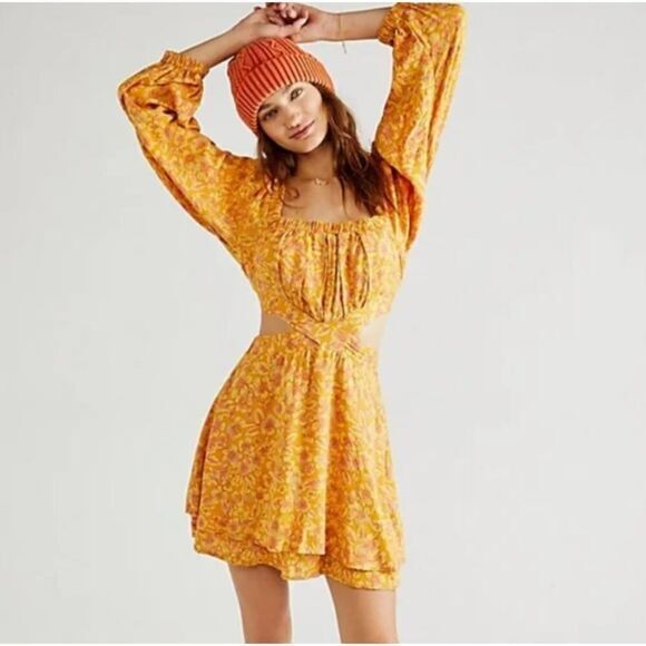 New! Free People Jeal Golden Floral Cut Out Back mini Dress, XS - Picture 3 of 16